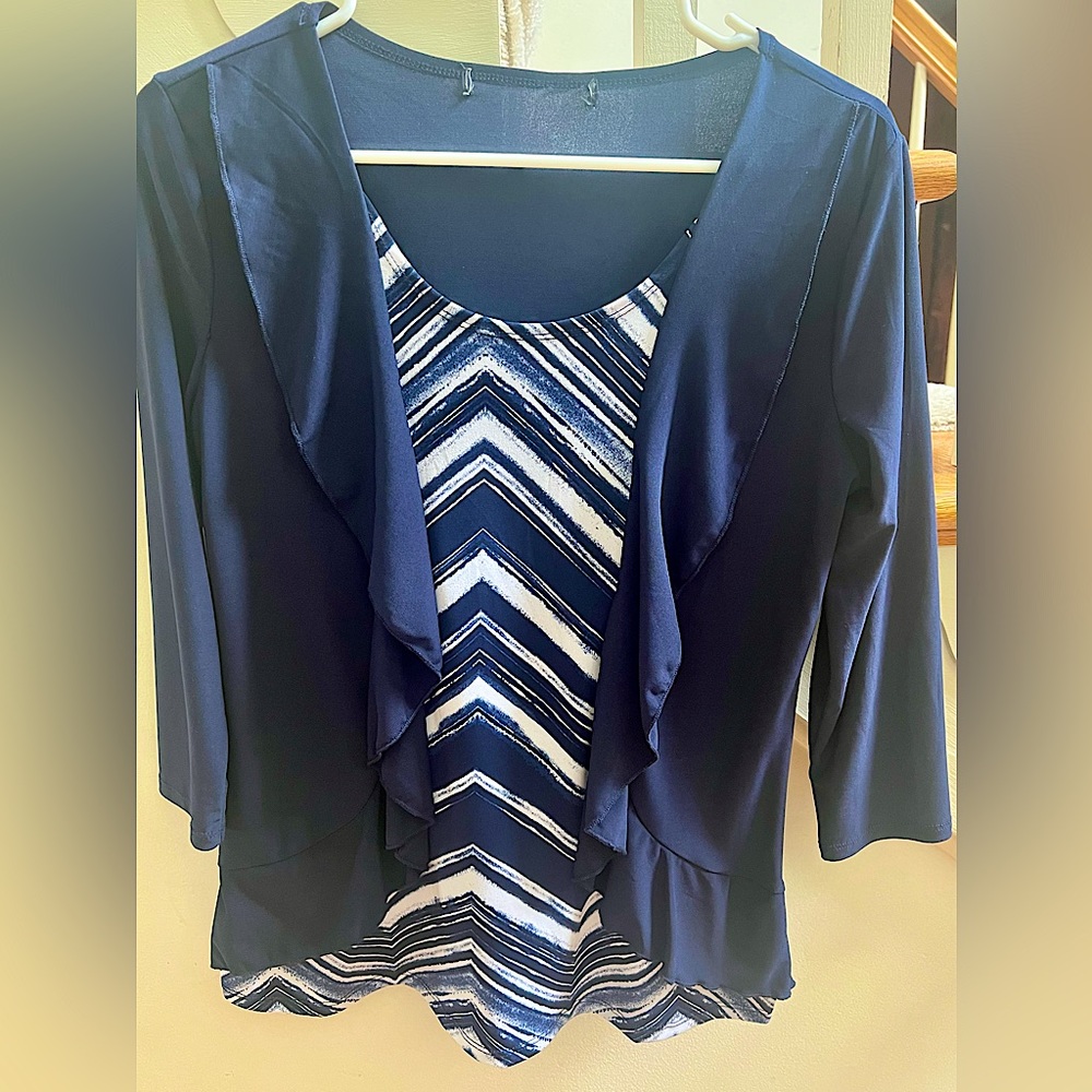 Navy Blue Striped Top with Attached Cardigan